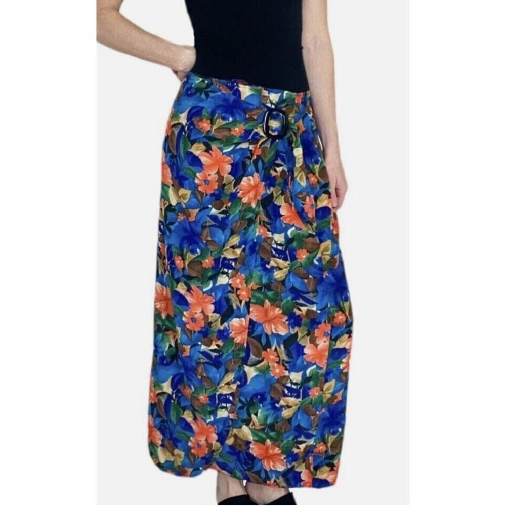 Vintage Express Skirt Womens Sz 9 Silk Blue Multicolor Floral Wrap Maxi Y2K‎ 90s